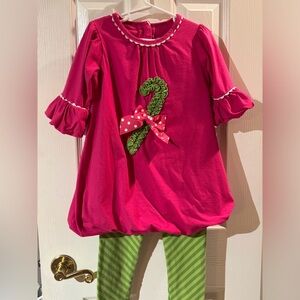 🎄Adorable Detailed Set, 💚Like New, Pink and Green Holiday Dress with Leggings